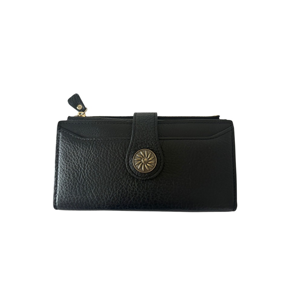 Travelambo Women Black Pebbled Leather Trifold Wallet Floral Medallion Organizer